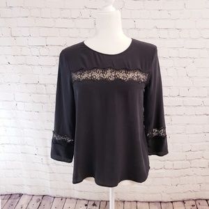 Madewell black silk top with lace insert. Medium